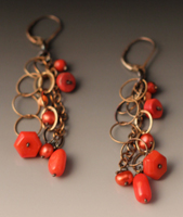 dangle ear with oxidized sterling, 3 shapes of coral.